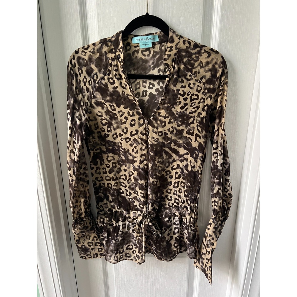Guess Marciano Womens Blouse Top‎ Animal Print 100% Silk Tie Waist Tunic Size XS
